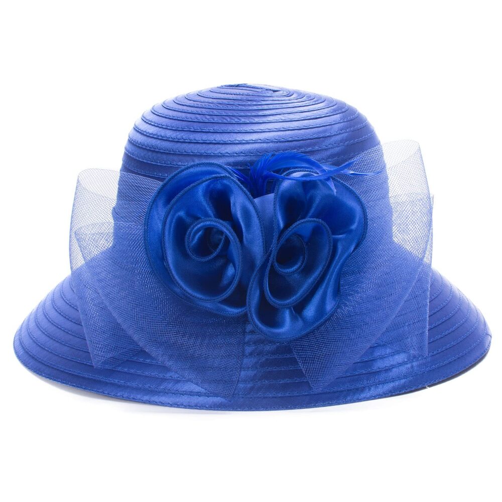 5237 Satin CRIN Wedding Occasion Wide Brim Sun Hat A433Royal Blue